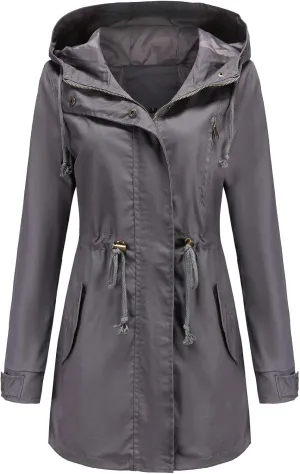 TIAFORD Women's Lightweight Drawstring Waist Hooded Rain Jacket Fall Casual Long Trench Coat Utility Coat with Pockets