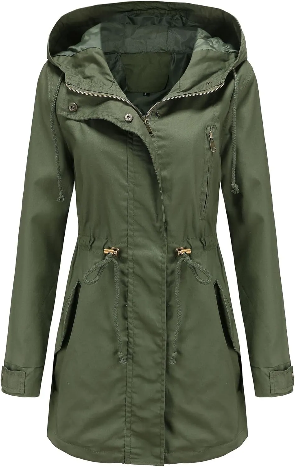TIAFORD Women's Lightweight Drawstring Waist Hooded Rain Jacket Fall Casual Long Trench Coat Utility Coat with Pockets