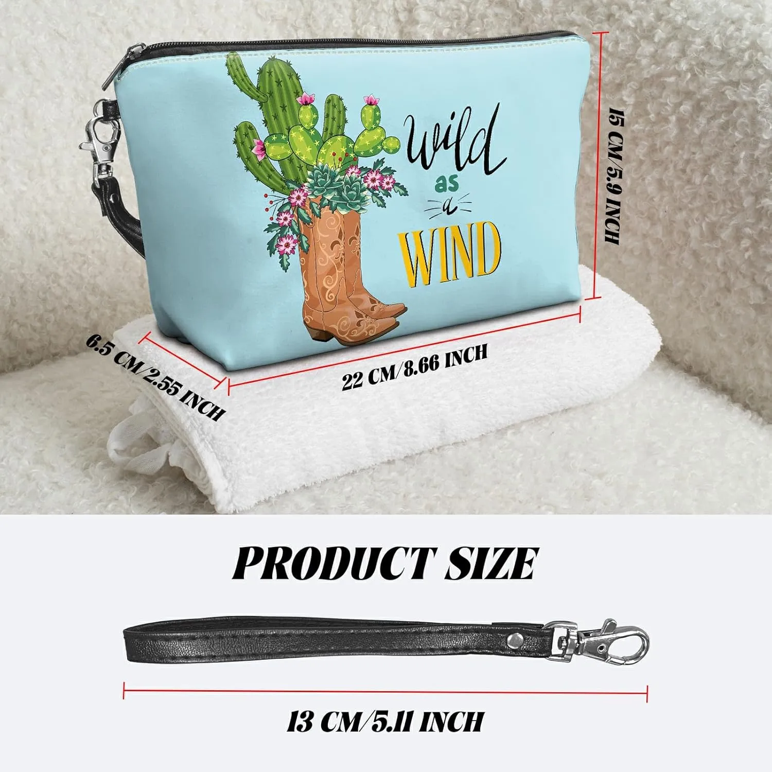 Travel Makeup Bag with Detachable Wrist Strap, Cactus Boots Stocking Stuffers for Teen Women Toiletry Storage Bag Water Resistant Portable Change Coin Small Purse Zipper Pouch