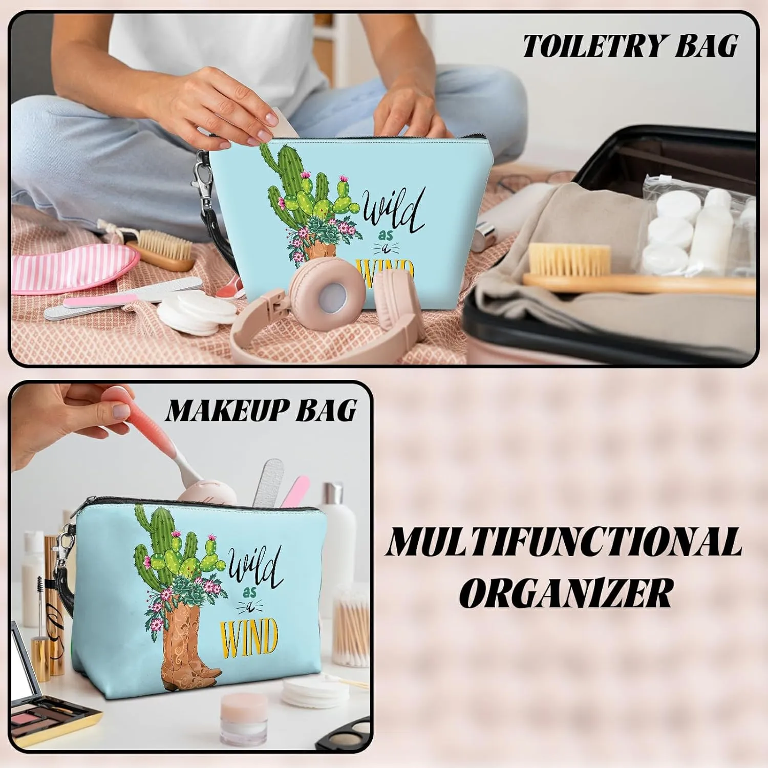 Travel Makeup Bag with Detachable Wrist Strap, Cactus Boots Stocking Stuffers for Teen Women Toiletry Storage Bag Water Resistant Portable Change Coin Small Purse Zipper Pouch