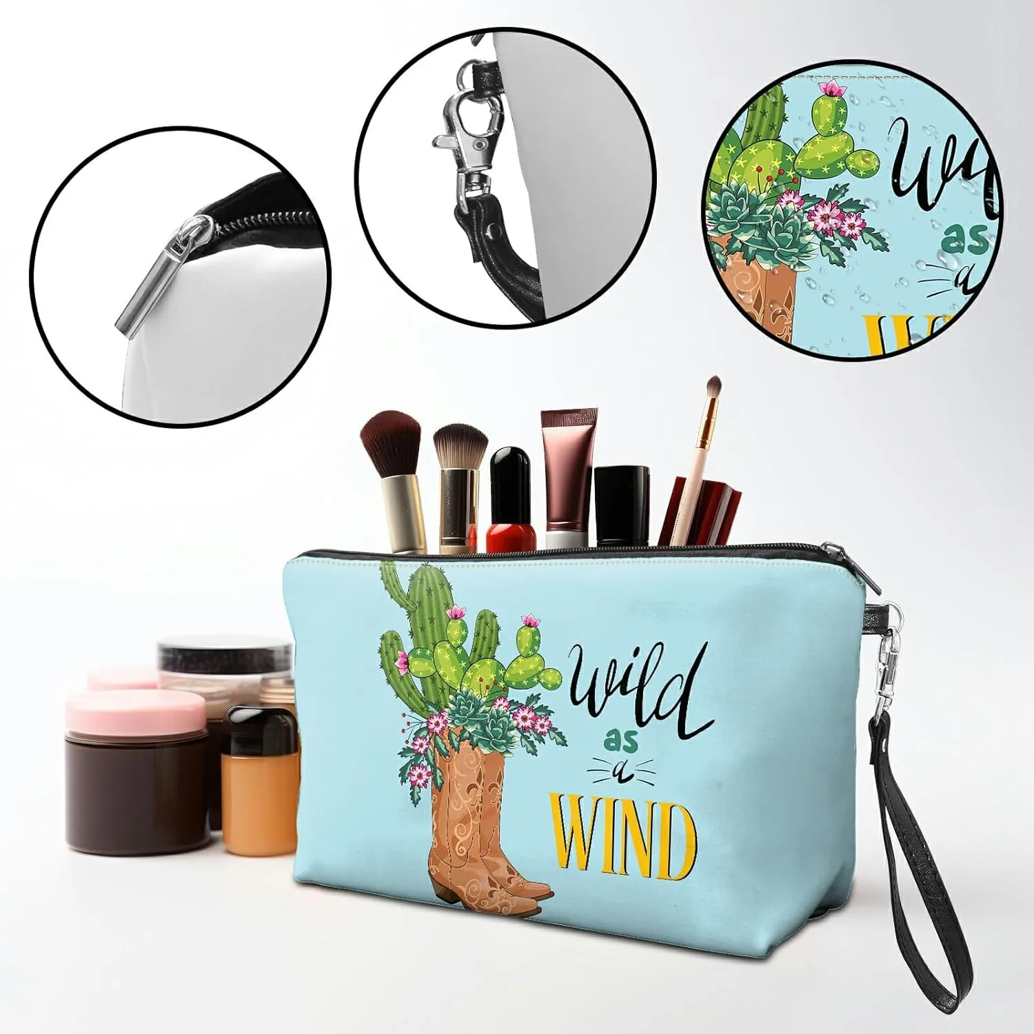 Travel Makeup Bag with Detachable Wrist Strap, Cactus Boots Stocking Stuffers for Teen Women Toiletry Storage Bag Water Resistant Portable Change Coin Small Purse Zipper Pouch