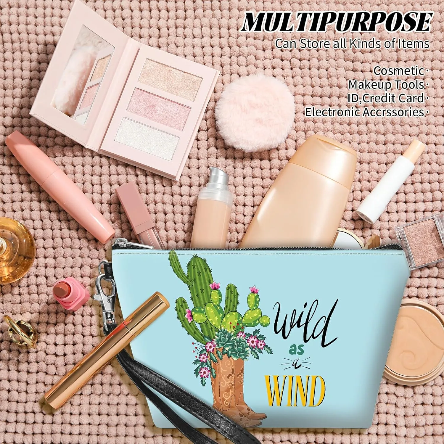 Travel Makeup Bag with Detachable Wrist Strap, Cactus Boots Stocking Stuffers for Teen Women Toiletry Storage Bag Water Resistant Portable Change Coin Small Purse Zipper Pouch