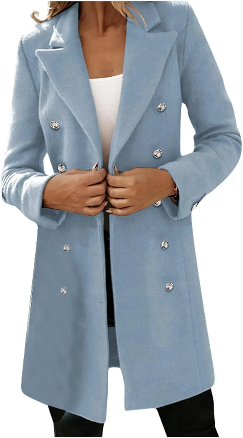 Trench Coat for Women Double Breasted Long Jacket Wool Blend Blazer Oversized Pea Coat Loose Fit Shirts Overcoat