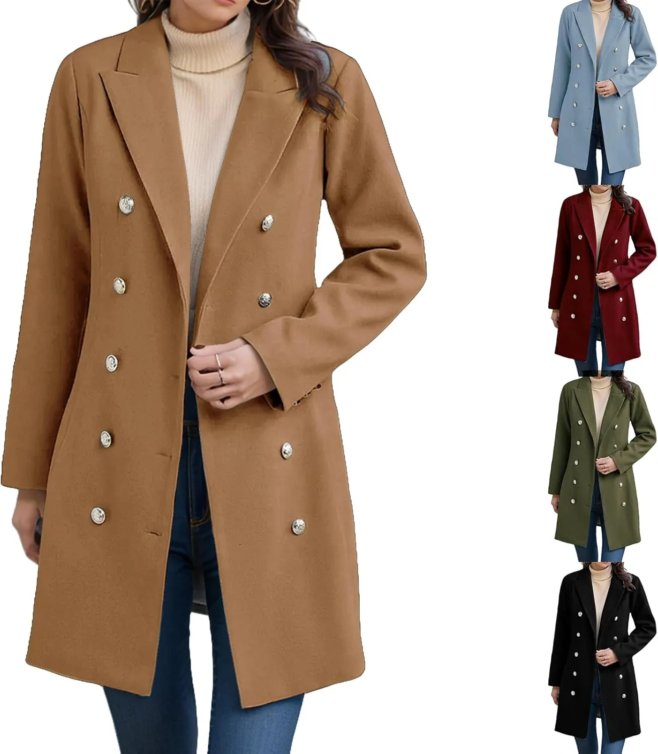 Trench Coat for Women Double Breasted Long Jacket Wool Blend Blazer Oversized Pea Coat Loose Fit Shirts Overcoat