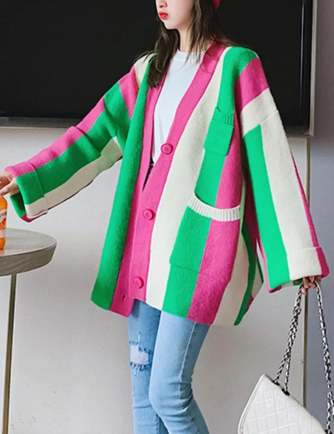Unilexi Womens Loose Long Sleeve Rainbow Striped Cardigans Sweater Boho Color Block Chunky Knitted Tops