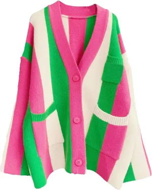 Unilexi Womens Loose Long Sleeve Rainbow Striped Cardigans Sweater Boho Color Block Chunky Knitted Tops