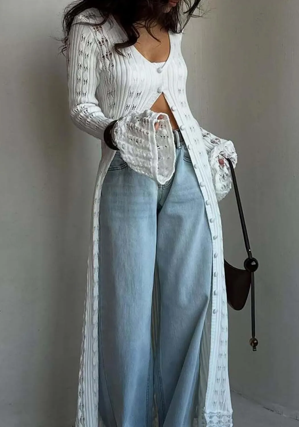 Unybwonn Long Cardigans for Women Crochet Hollow Out Knit Sweater Cover up Maxi Dress Long Sleeve Button Down Cardigan