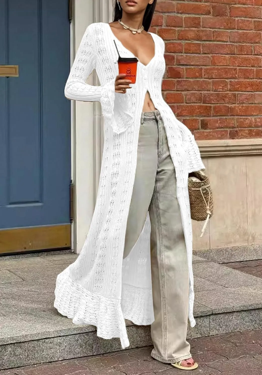 Unybwonn Long Cardigans for Women Crochet Hollow Out Knit Sweater Cover up Maxi Dress Long Sleeve Button Down Cardigan