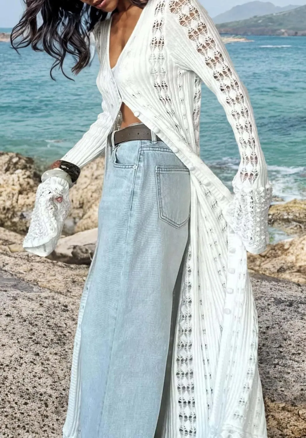 Unybwonn Long Cardigans for Women Crochet Hollow Out Knit Sweater Cover up Maxi Dress Long Sleeve Button Down Cardigan