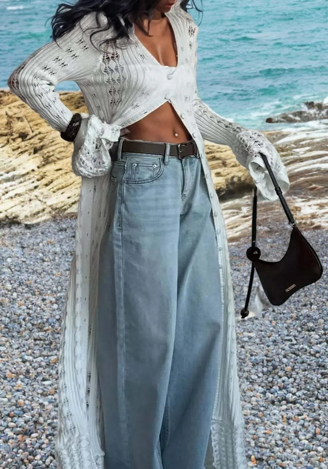 Unybwonn Long Cardigans for Women Crochet Hollow Out Knit Sweater Cover up Maxi Dress Long Sleeve Button Down Cardigan