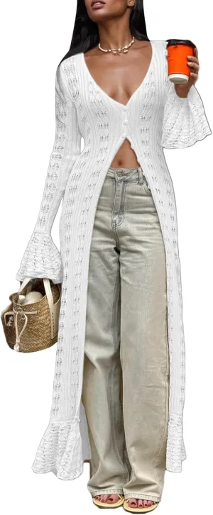 Unybwonn Long Cardigans for Women Crochet Hollow Out Knit Sweater Cover up Maxi Dress Long Sleeve Button Down Cardigan