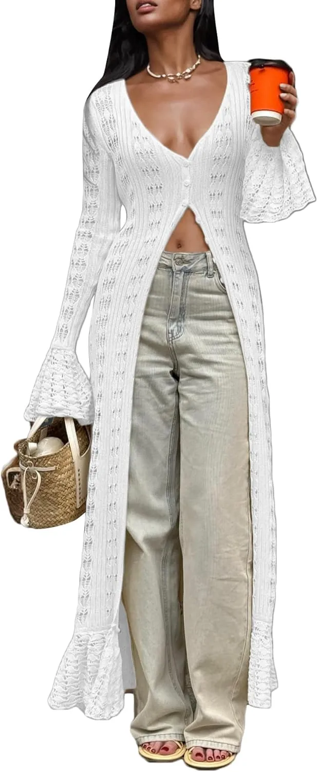 Unybwonn Long Cardigans for Women Crochet Hollow Out Knit Sweater Cover up Maxi Dress Long Sleeve Button Down Cardigan