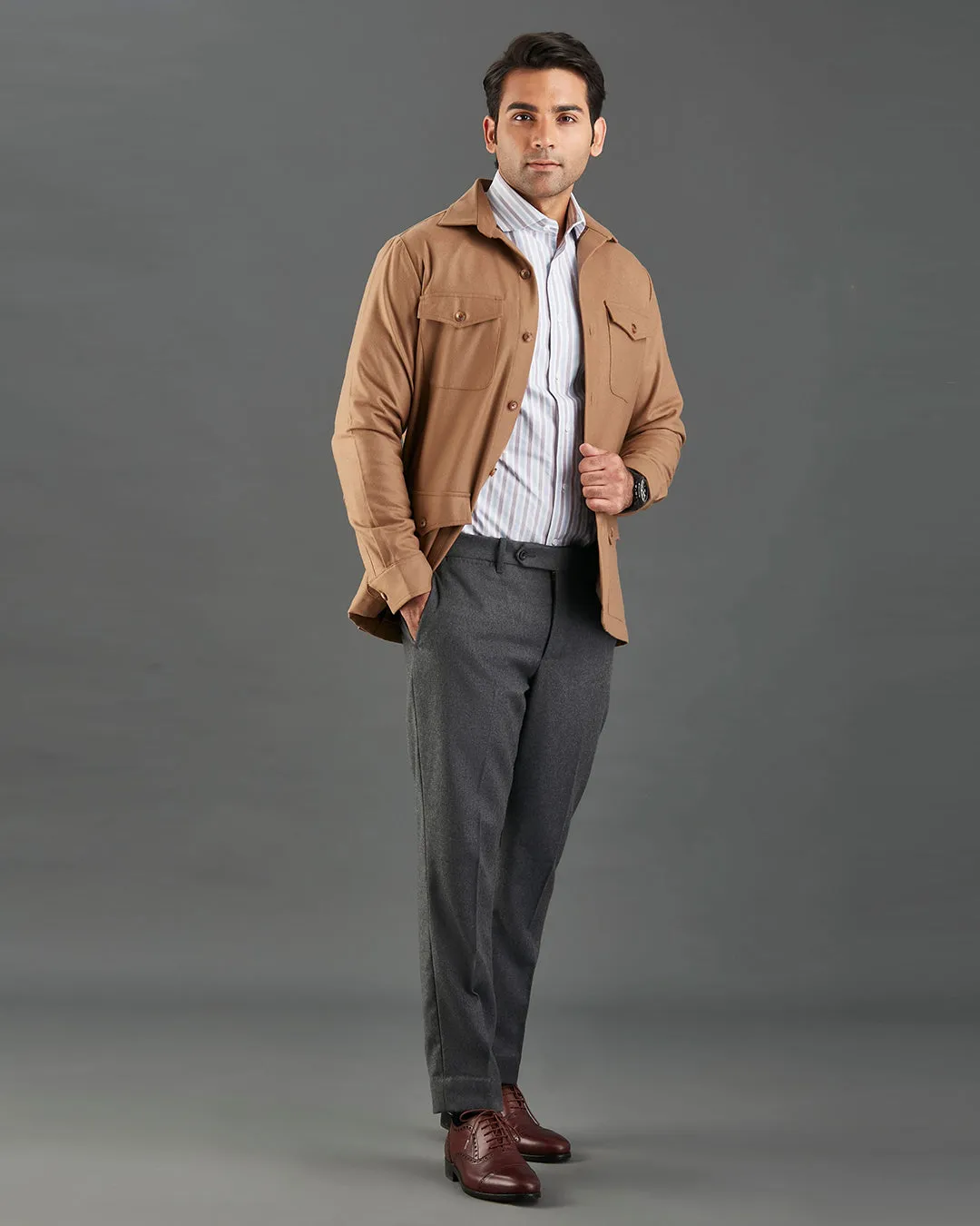 VBC: Sand Woolen Flannel Shirt Jacket