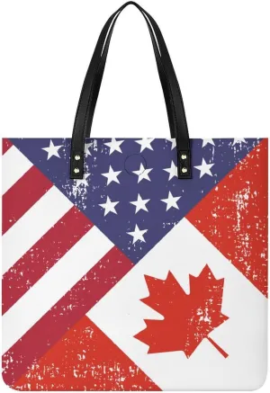 Vintage America Canada Flag Tote Bag Leather Handbags Large Shoulder Bag for College Work Travel Shopping