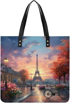 Vintage Paris Tote Bags PU Leather Top Handle Satchel Handbags Shoulder Bags Travel Purse for Women Men