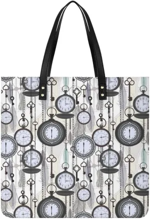 Vintage Watches And Feathers Tote Bag Leather Handbags Large Shoulder Bag for College Work Travel Shopping