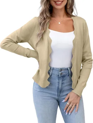 VOIANLIMO Womens Casual Long Sleeve Sweaters Knit Open Front Cropped Bolero Short Cardigan