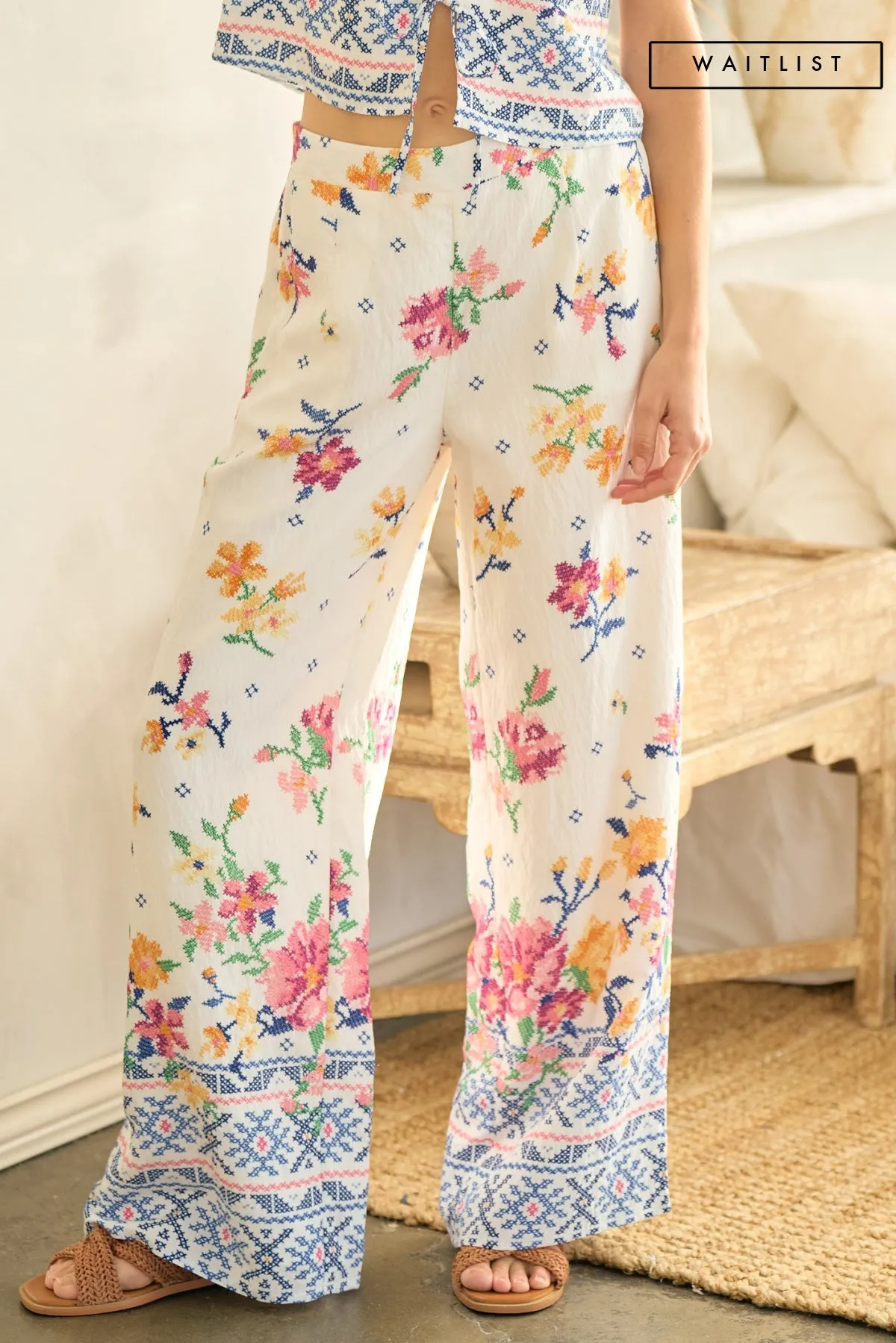 Waitlist 6/5 ♥ Demi Mid Rise Floral Print Wide Leg Pants White