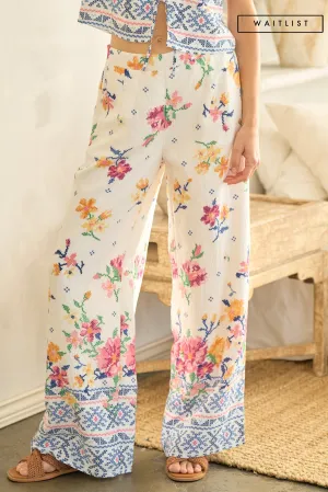 Waitlist 6/5 ♥ Demi Mid Rise Floral Print Wide Leg Pants White