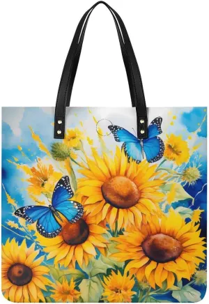 Watercolor Sunflowers And Butterflies Tote Bags PU Leather Top Handle Satchel Handbags Shoulder Bags Travel Purse for Women Men