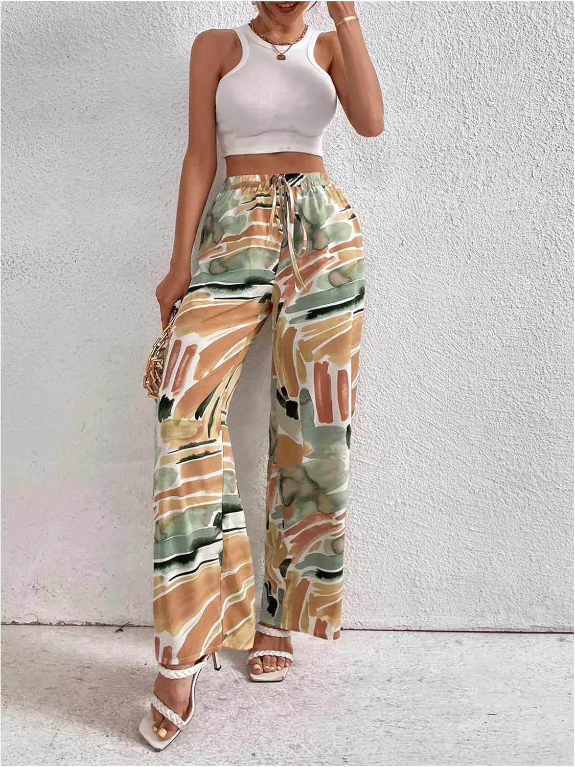 WDIRARA Women's Graphic Print Drawstring Elastic High Waist Pants Wide Leg Oversize Trousers