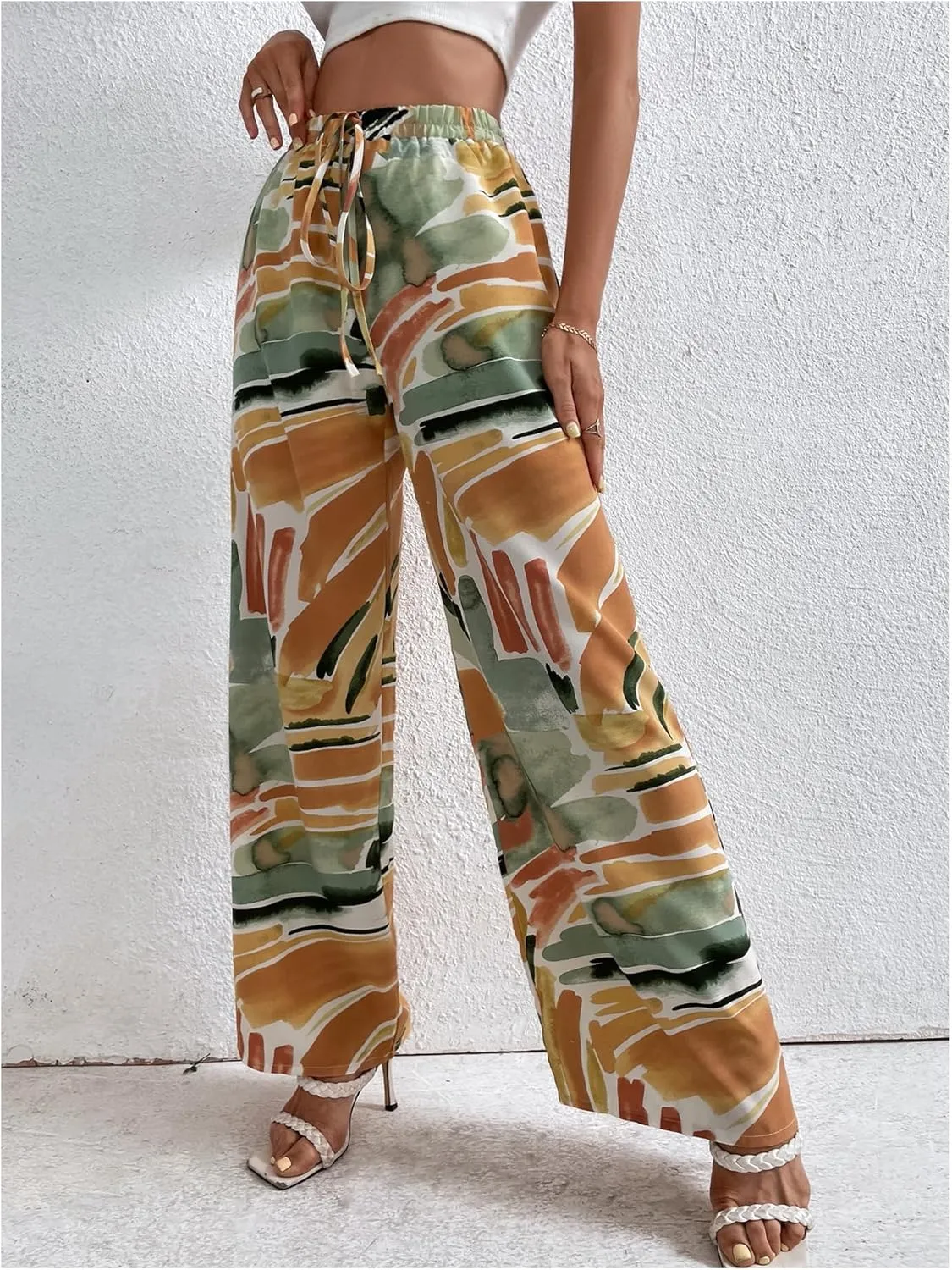 WDIRARA Women's Graphic Print Drawstring Elastic High Waist Pants Wide Leg Oversize Trousers