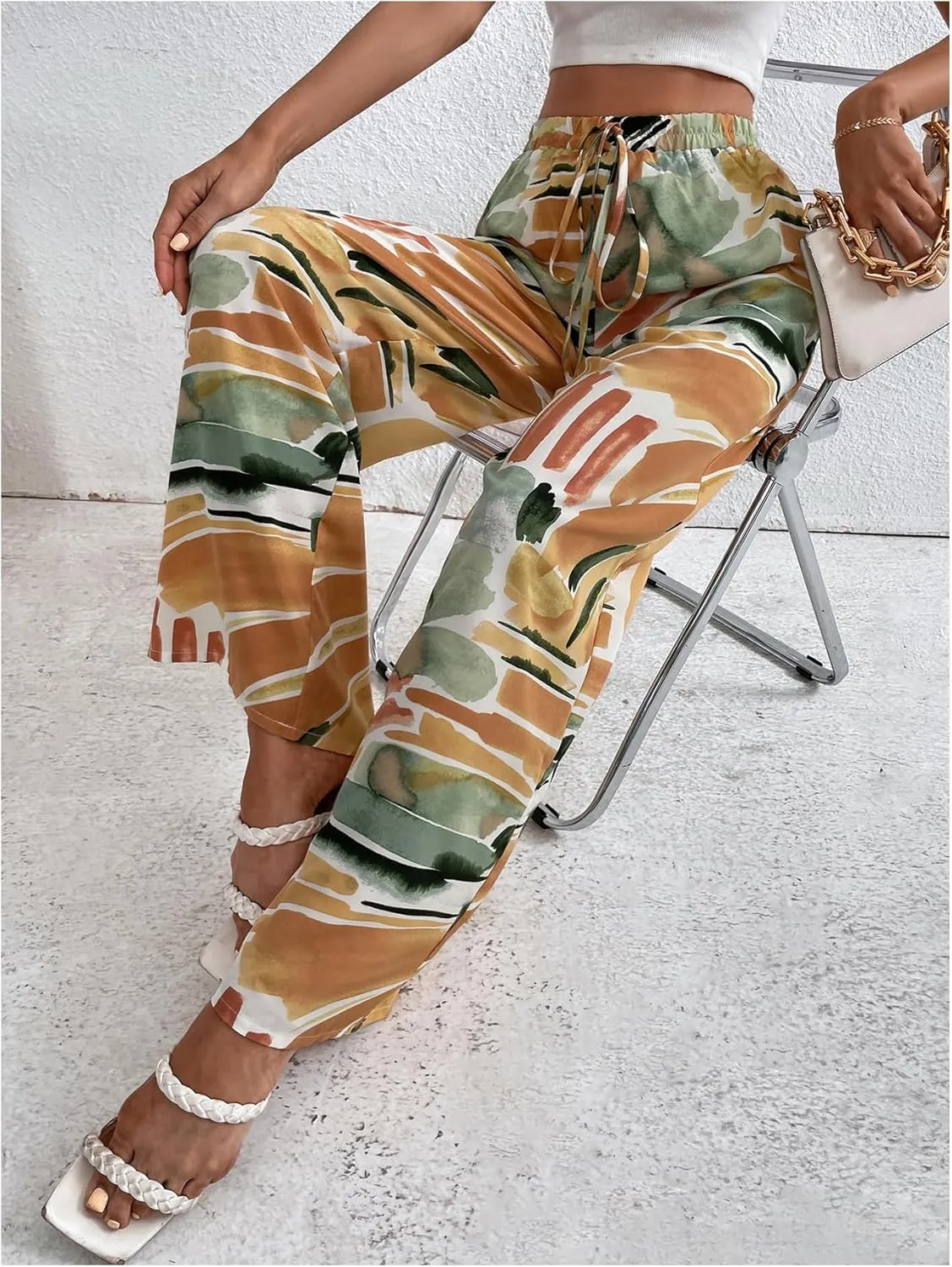 WDIRARA Women's Graphic Print Drawstring Elastic High Waist Pants Wide Leg Oversize Trousers
