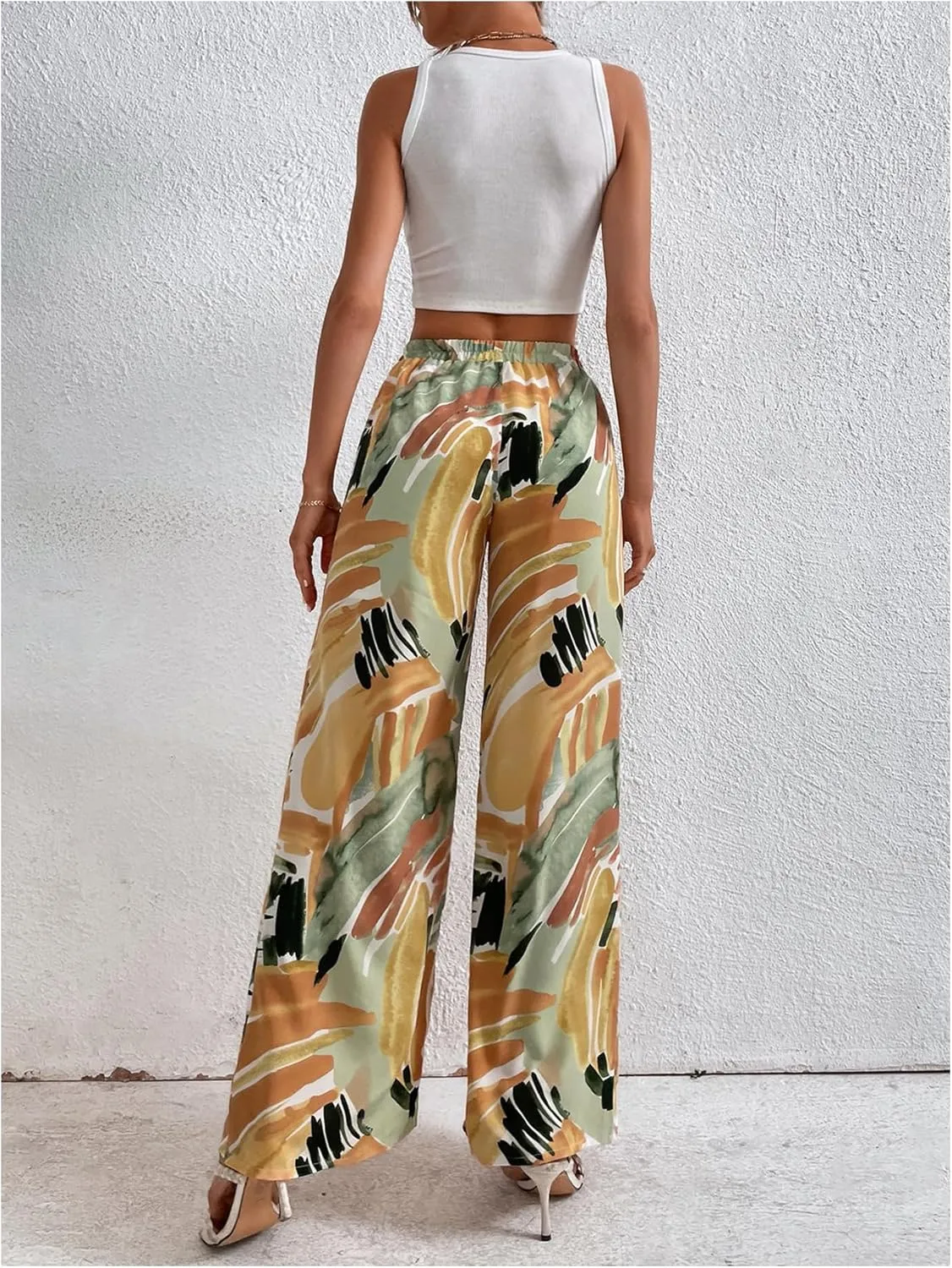 WDIRARA Women's Graphic Print Drawstring Elastic High Waist Pants Wide Leg Oversize Trousers