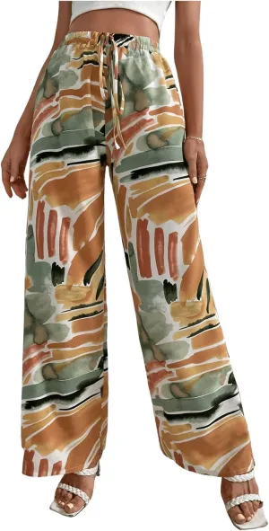 WDIRARA Women's Graphic Print Drawstring Elastic High Waist Pants Wide Leg Oversize Trousers
