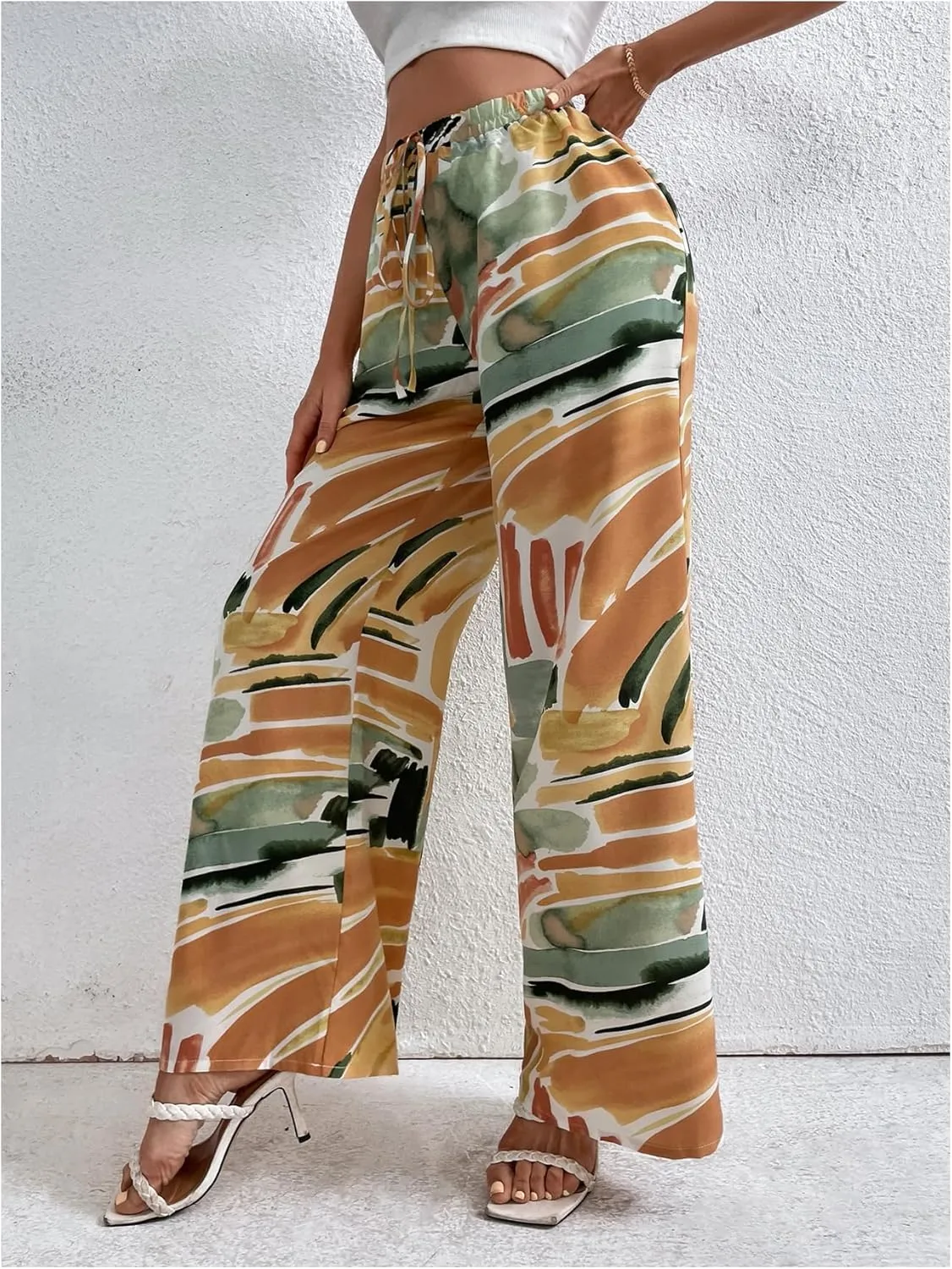 WDIRARA Women's Graphic Print Drawstring Elastic High Waist Pants Wide Leg Oversize Trousers