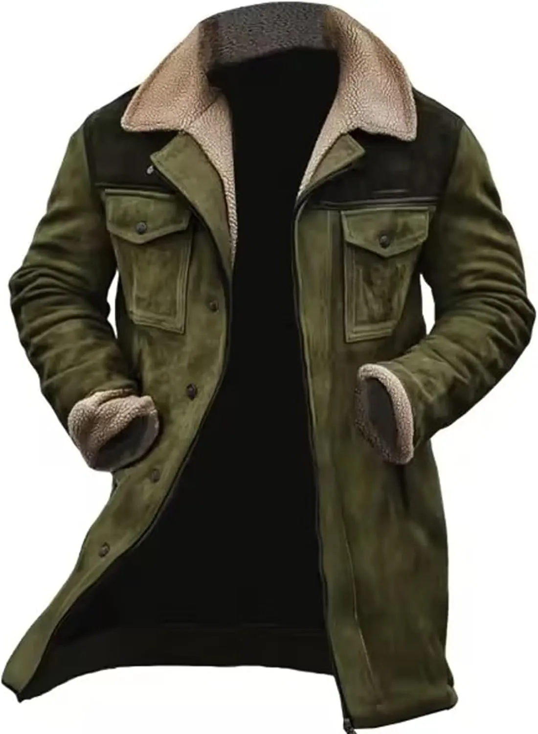 Western Jackets for Men Vintage Suede Leather Jacket Plush Reversed Collar Winter Warm Long Coats Trench Coat Outwear