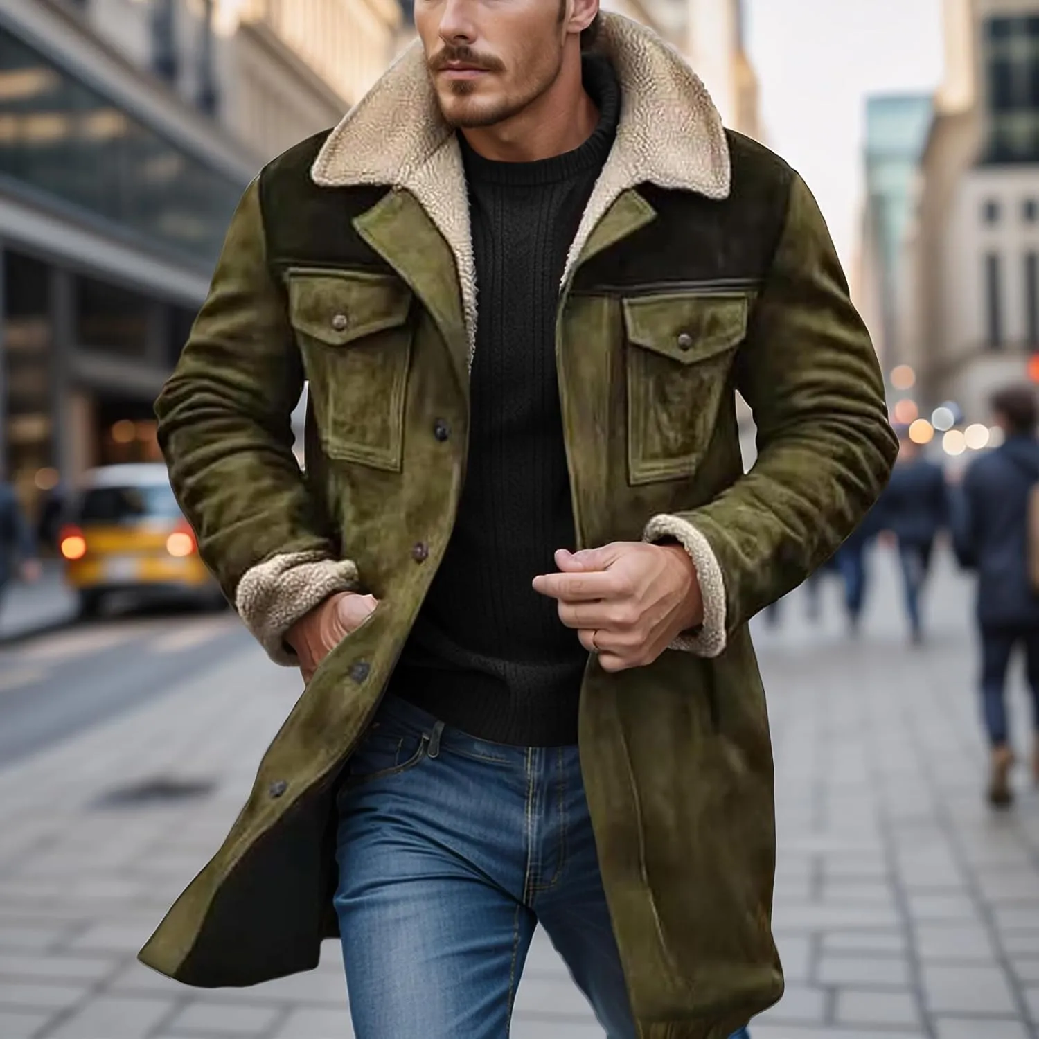 Western Jackets for Men Vintage Suede Leather Jacket Plush Reversed Collar Winter Warm Long Coats Trench Coat Outwear