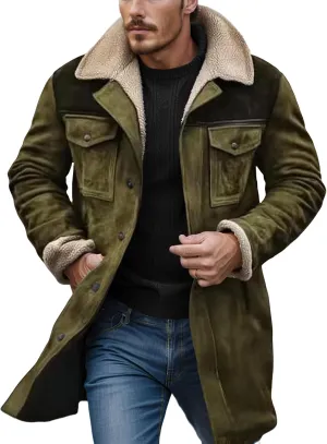 Western Jackets for Men Vintage Suede Leather Jacket Plush Reversed Collar Winter Warm Long Coats Trench Coat Outwear