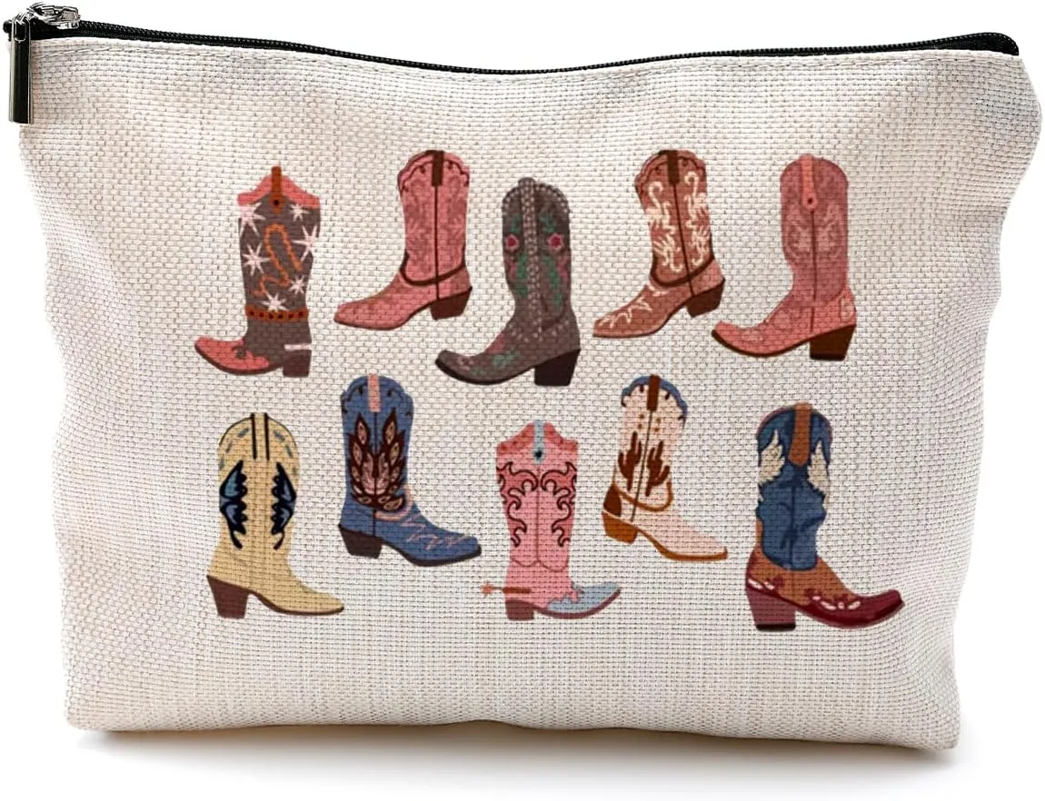 Western Makeup Bag - Cowgirl Gifts, Boho Western Cowboy Boots Makeup Cosmetic Bag for Purse