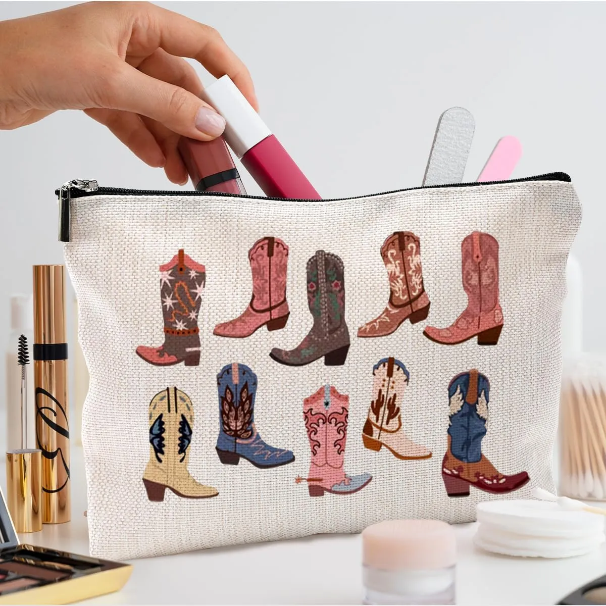 Western Makeup Bag - Cowgirl Gifts, Boho Western Cowboy Boots Makeup Cosmetic Bag for Purse