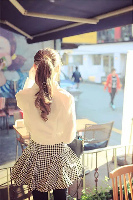 White Long Sleeved Blouse and Houndstooth Skirt