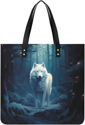 White Wolf Tote Bags PU Leather Top Handle Satchel Handbags Shoulder Bags Travel Purse for Women Men