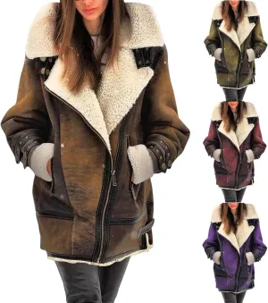 Winter Coats for Women Faux-Leather Suede Jackets Thicken Sherpa Fleece Jacket Vintage Moto Jacket Zipper Outerwear