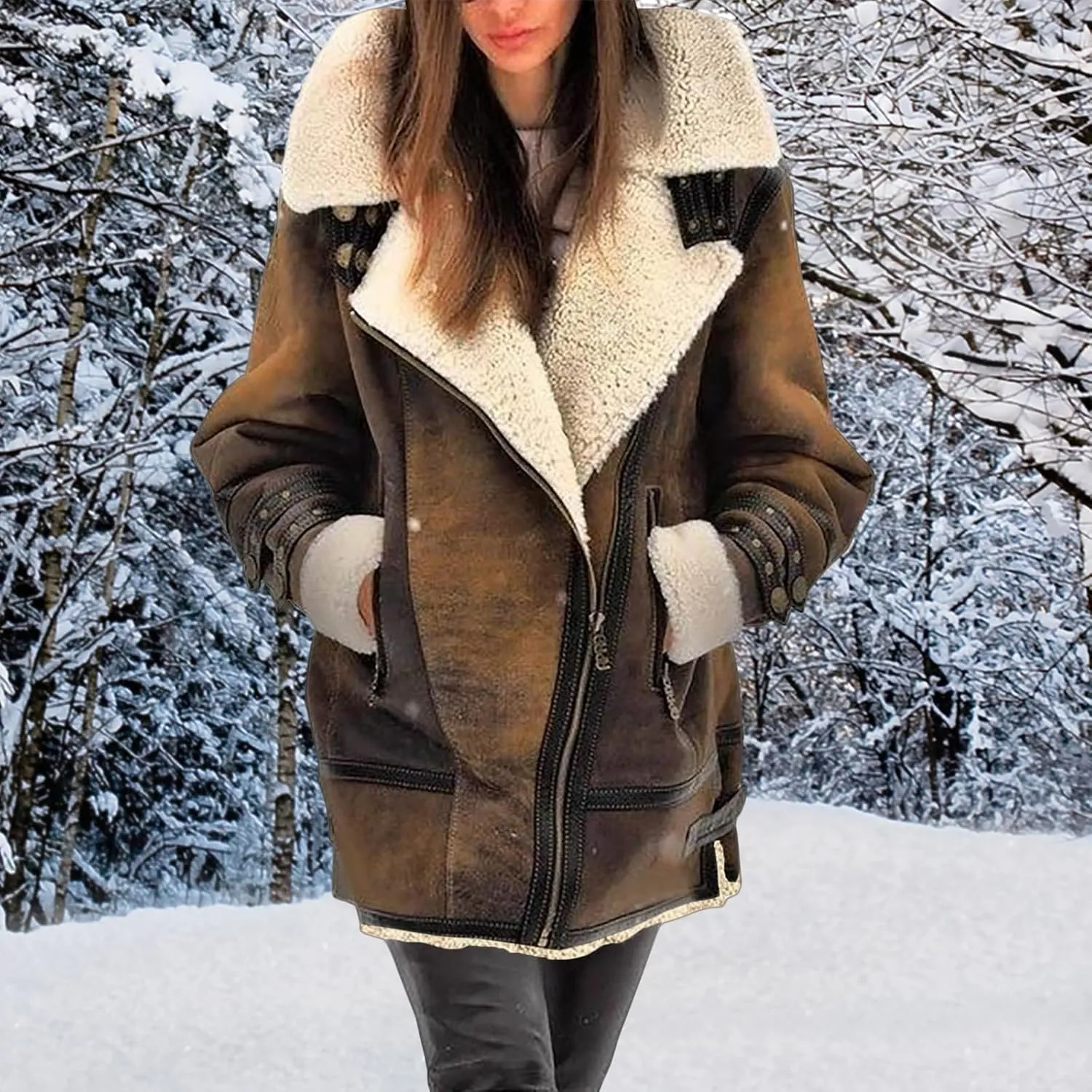 Winter Coats for Women Faux-Leather Suede Jackets Thicken Sherpa Fleece Jacket Vintage Moto Jacket Zipper Outerwear