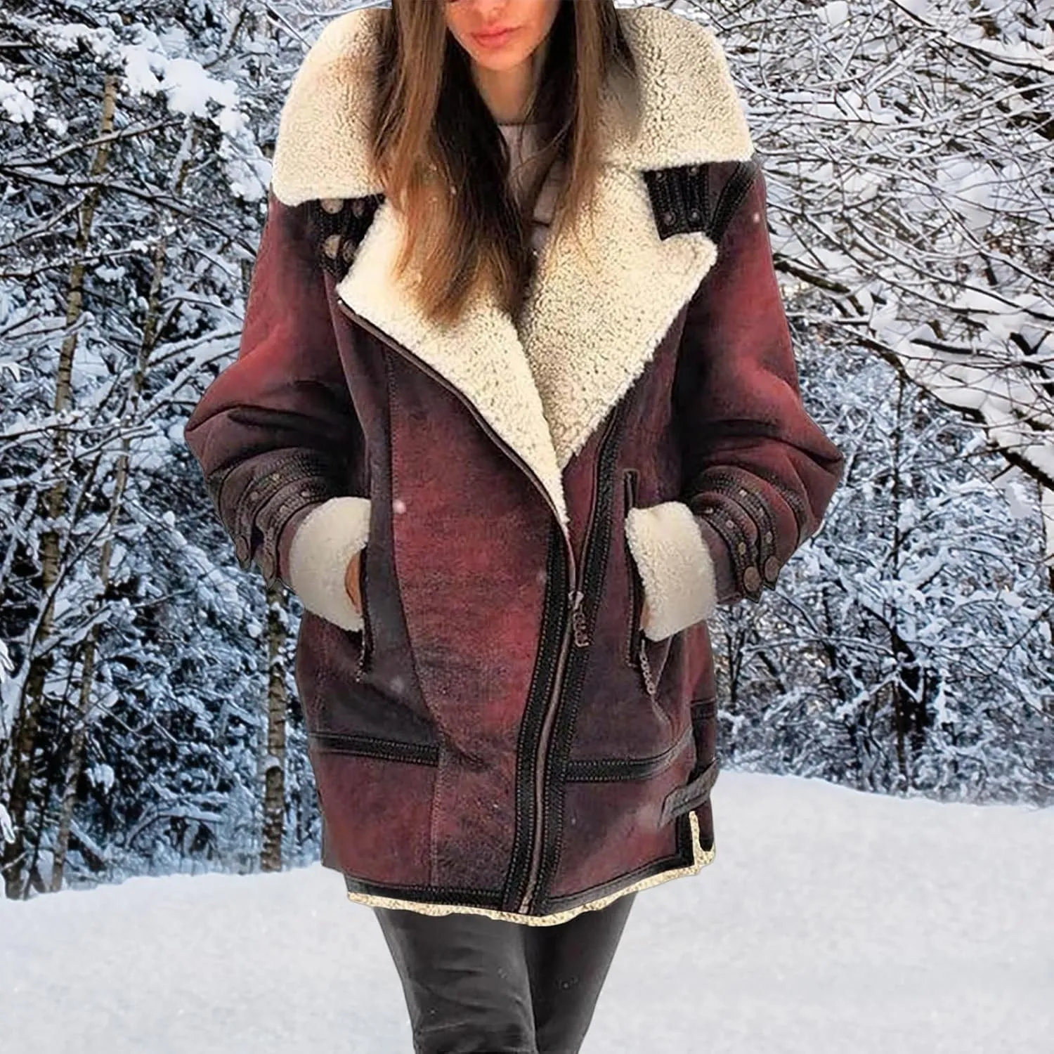 Winter Coats for Women Faux-Leather Suede Jackets Thicken Sherpa Fleece Jacket Vintage Moto Jacket Zipper Outerwear