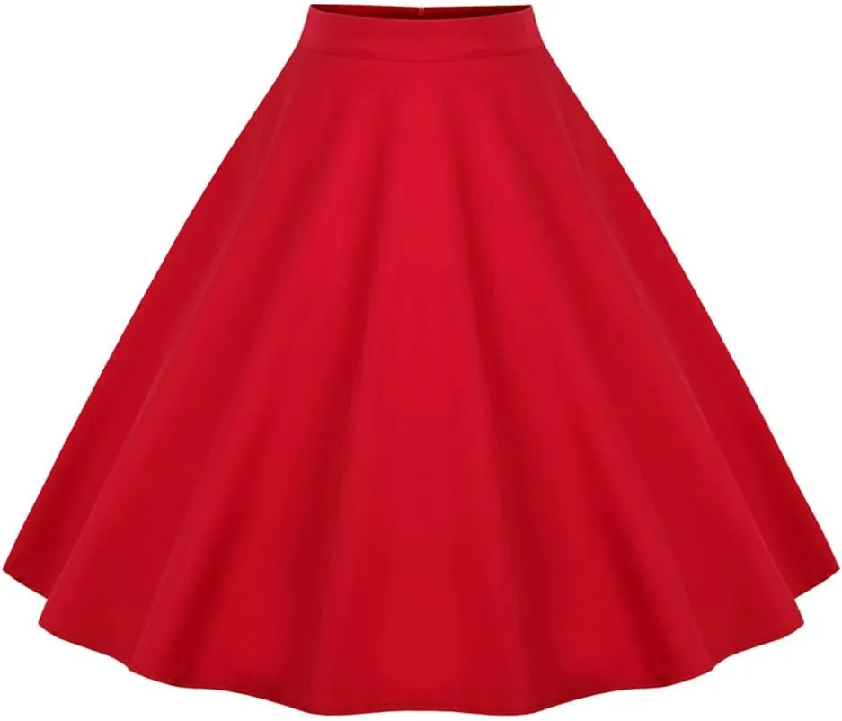 Women 50s Vintage Polka Dot A Line Pleated Midi Skirt Floral Cherry Cocktail Swing Skirt High Waist Knee Length Flared Skirt