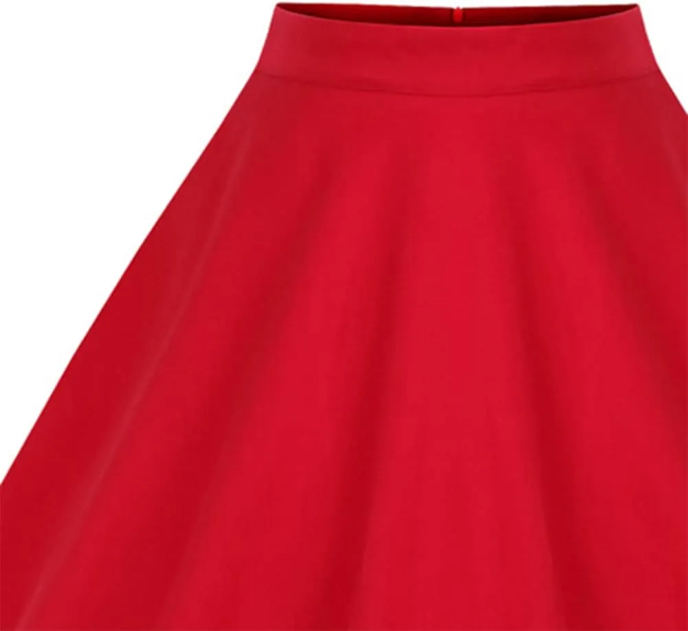 Women 50s Vintage Polka Dot A Line Pleated Midi Skirt Floral Cherry Cocktail Swing Skirt High Waist Knee Length Flared Skirt