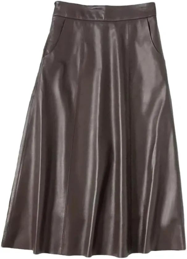 Women A-Line Long Leather Skirt Big Hem Pocket Maxi Umbrella Skirt Solid Pockets Midi Skirt