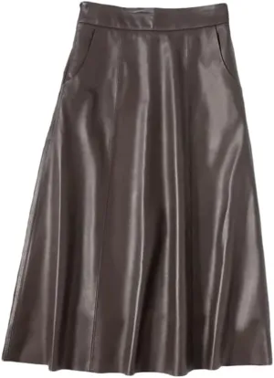 Women A-Line Long Leather Skirt Big Hem Pocket Maxi Umbrella Skirt Solid Pockets Midi Skirt