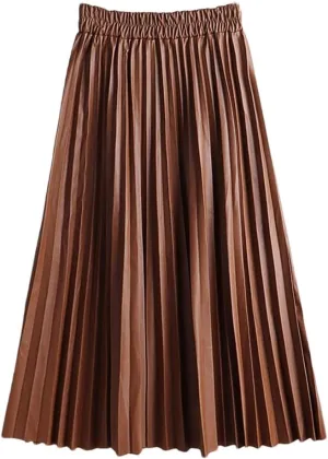 Women Autumn PU Faux Leather Pleated Skirt Elastic High Waist Midi A-Line Skirt