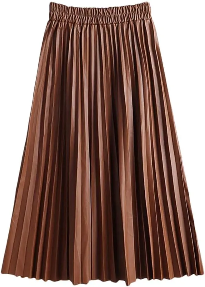 Women Autumn PU Faux Leather Pleated Skirt Elastic High Waist Midi A-Line Skirt