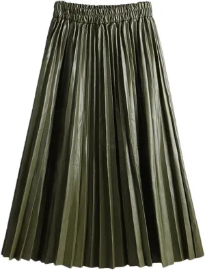 Women Autumn PU Faux Leather Pleated Skirt Elastic High Waist Midi A-Line Skirt