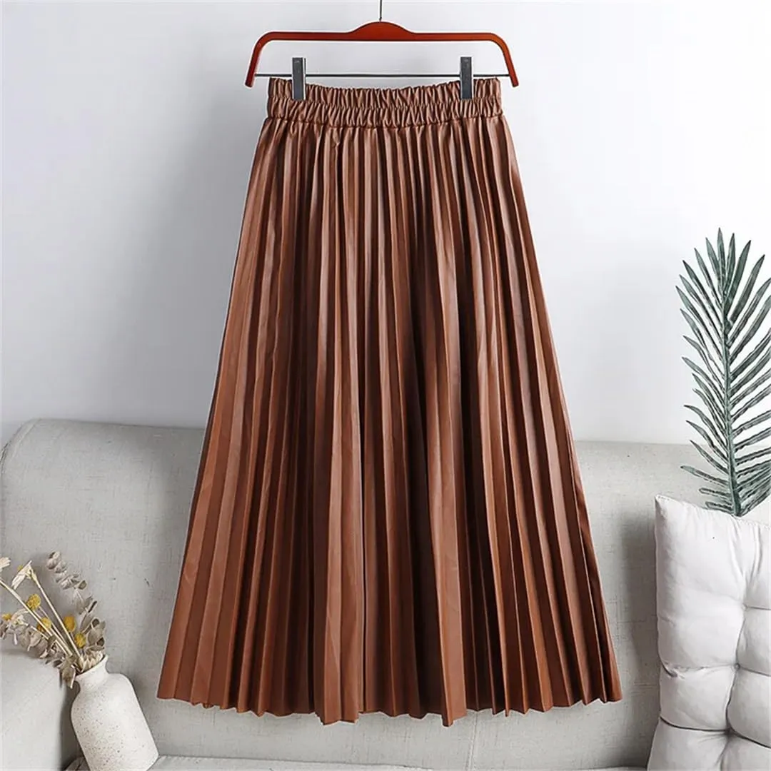 Women Autumn PU Faux Leather Pleated Skirt Elastic High Waist Midi A-Line Skirt