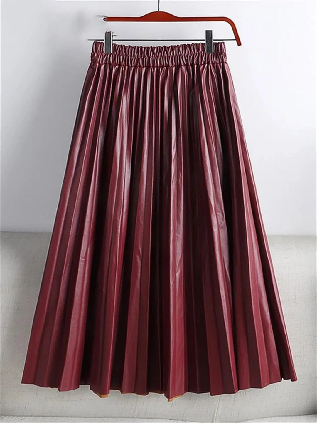 Women Autumn PU Faux Leather Pleated Skirt Elastic High Waist Midi A-Line Skirt