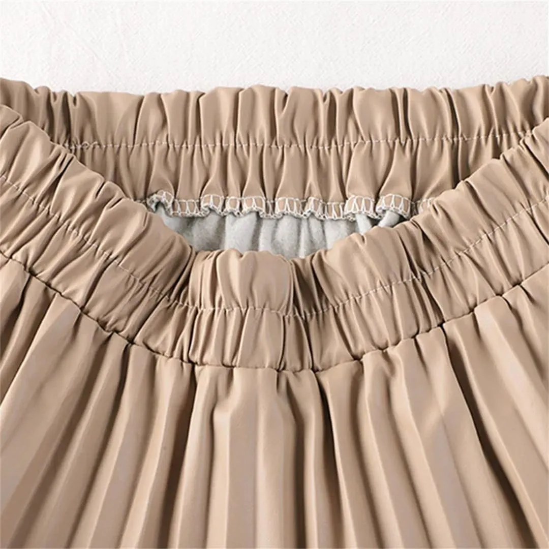 Women Autumn PU Faux Leather Pleated Skirt Elastic High Waist Midi A-Line Skirt